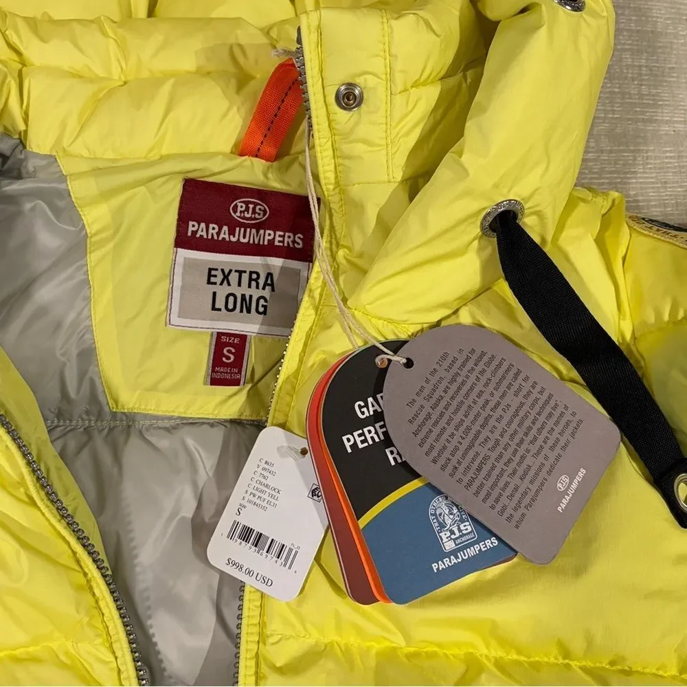 Parajumpers Panda Extra Long Down Jacket Puffer Coat Small Charlock Yellow NEW